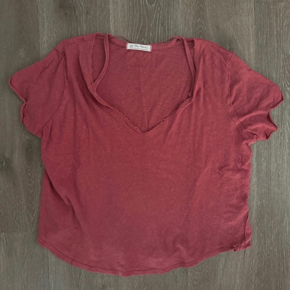 We The Free T-Shirt Womens Medium Rose Red Linen Blend V-Neck Boxy OB1485642